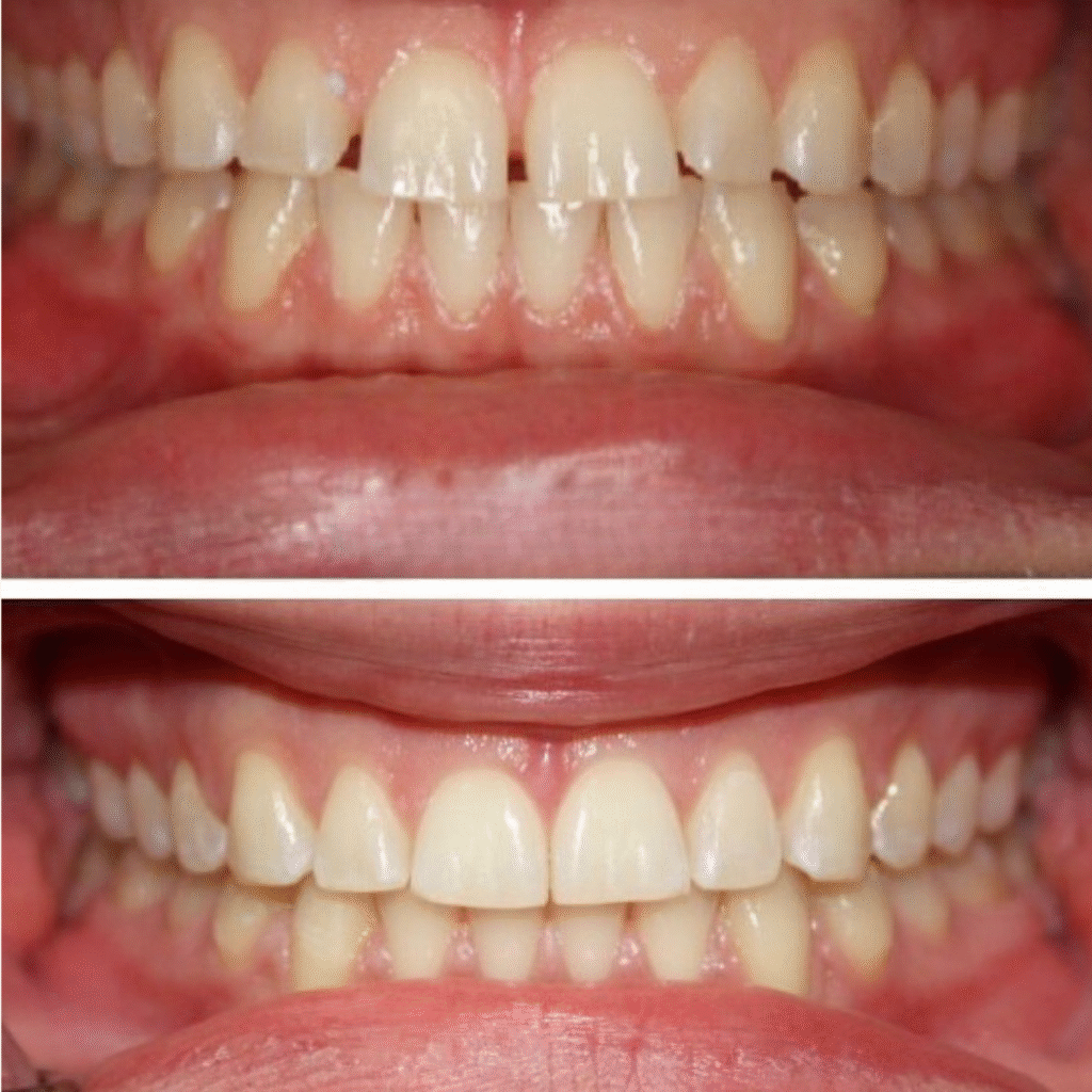 Upper and lower front teeth after dental treatment, showing improved symmetry and brighter appearance at Greenwich Dental Studio.